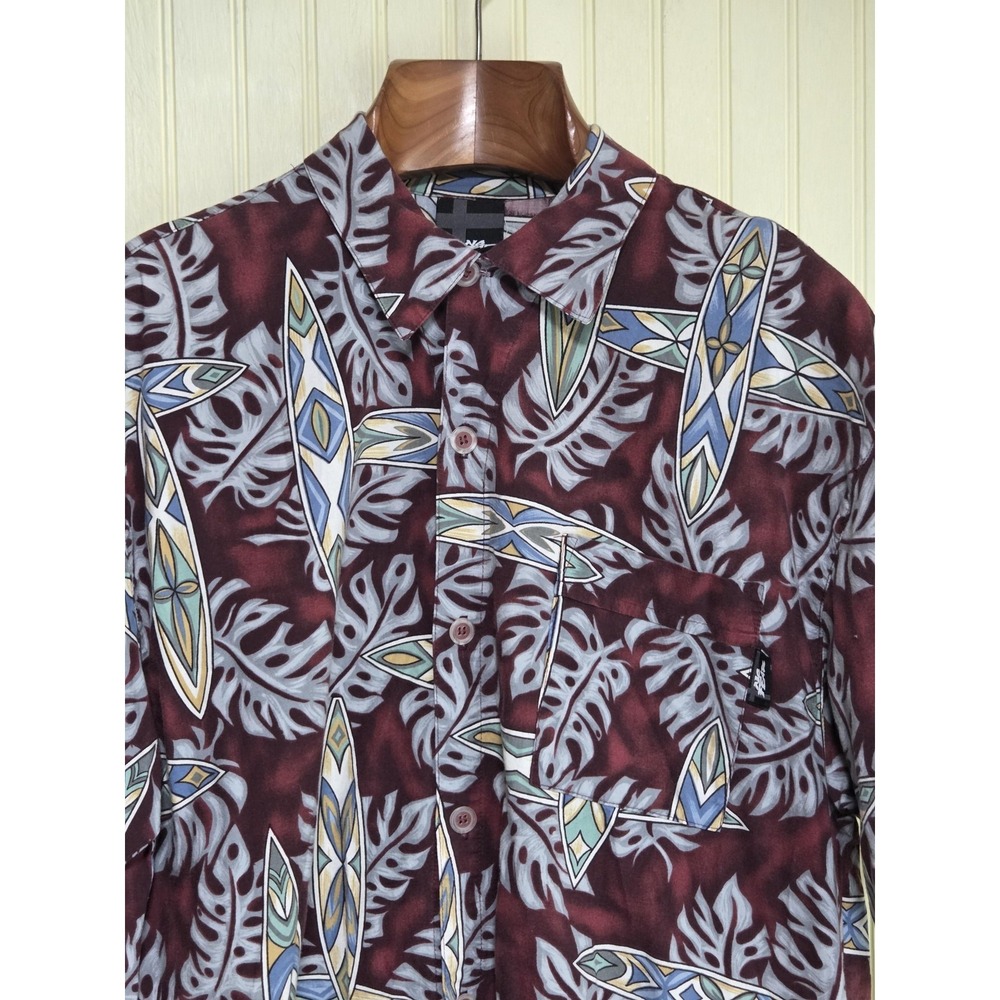 No Fear Shirt Mens Large‎ Red Surfboard Leaf Hawaiian Button Front Tropical